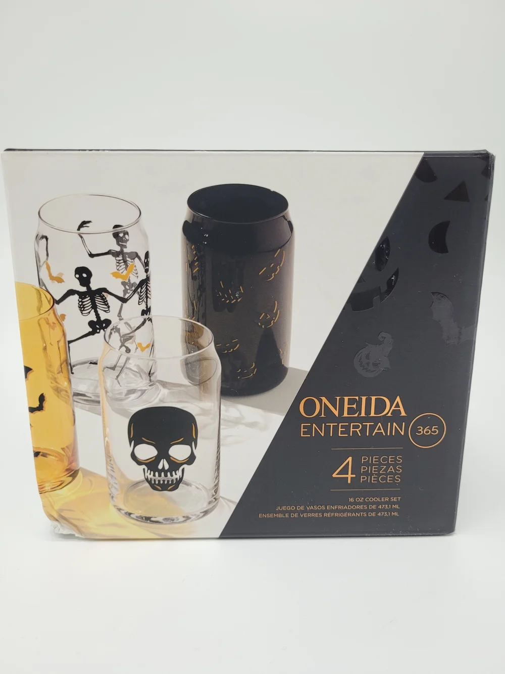 Oneida Vintro Halloween Glass Tumbler Set 4 Clear Black Skull Bat Skeleton NEW